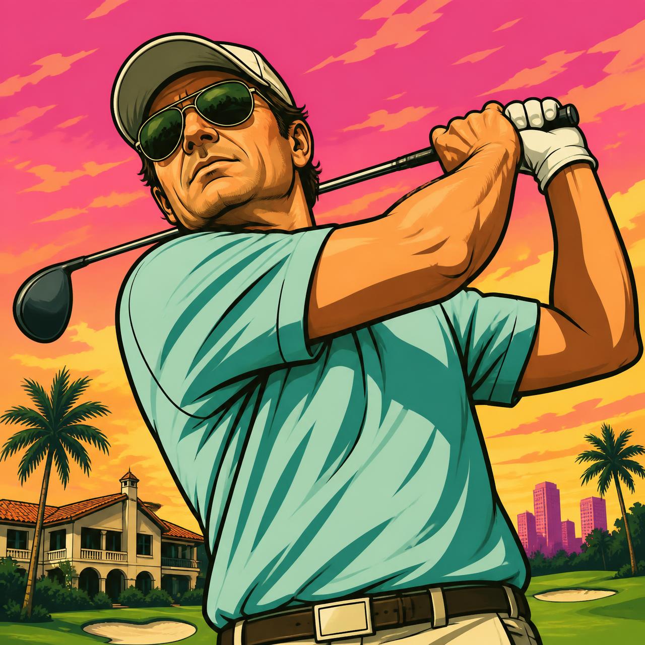 Golfer at the top of the follow-through against a sunset sky